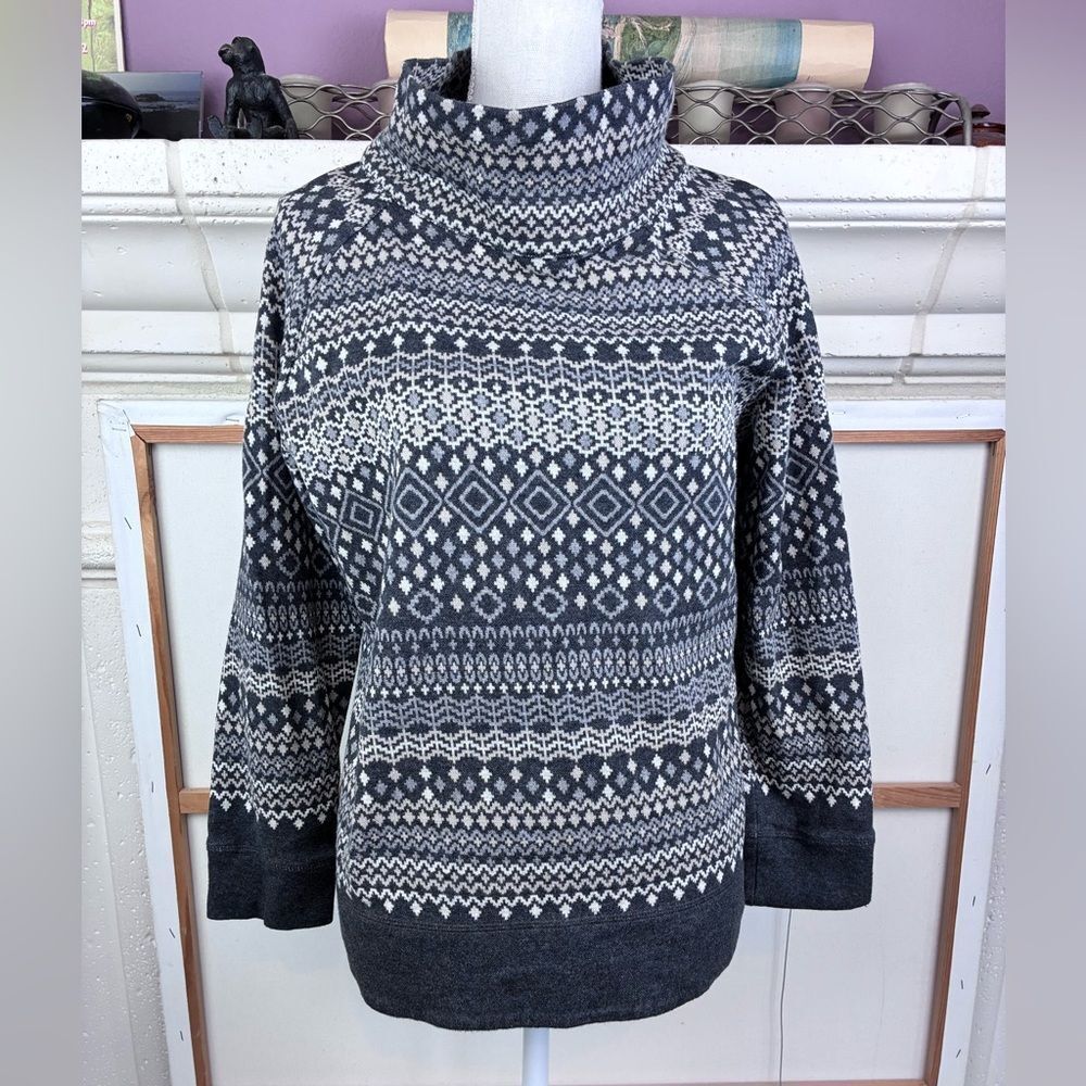 Talbots Scandi Print Gray & White Geometric Turtleneck w/ side zipper cotton